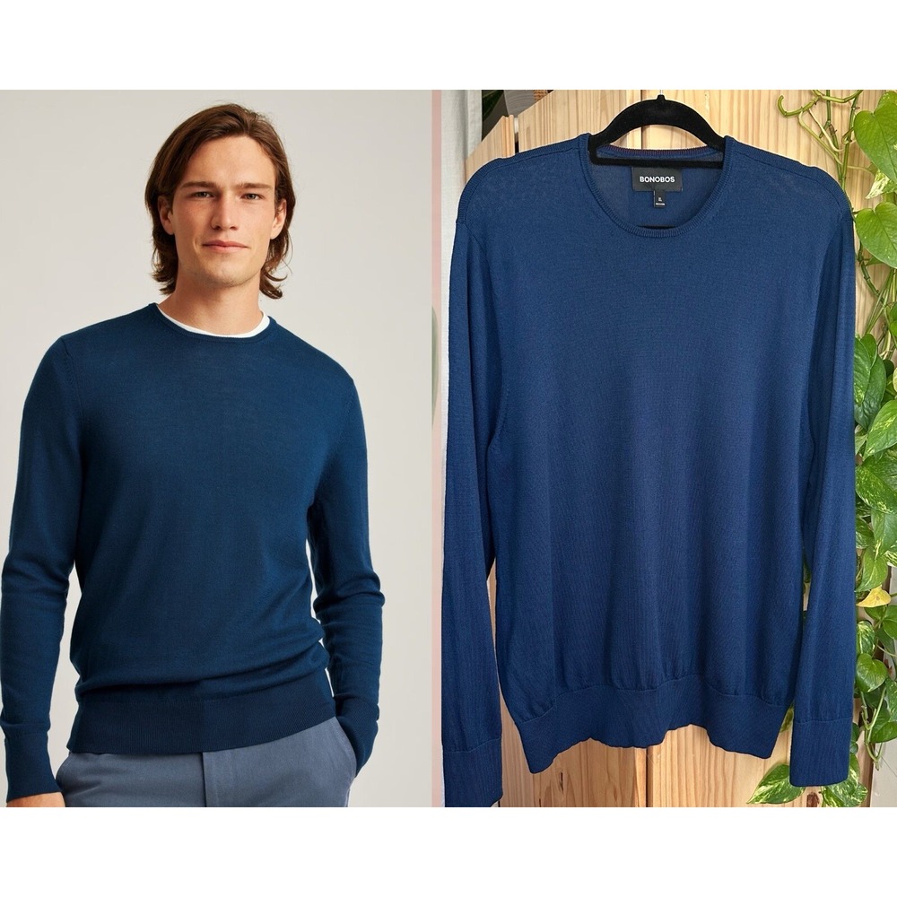 Bonobos Merino Wool Crew Neck Lightweight Sweater XL Washable Dark Navy Teal Blu